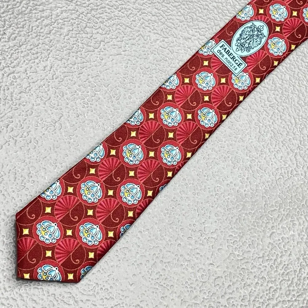 Faberge Silk Tie Vintage Neiman Marcus Floral Fan USA XL X-Long Red Blue NWT